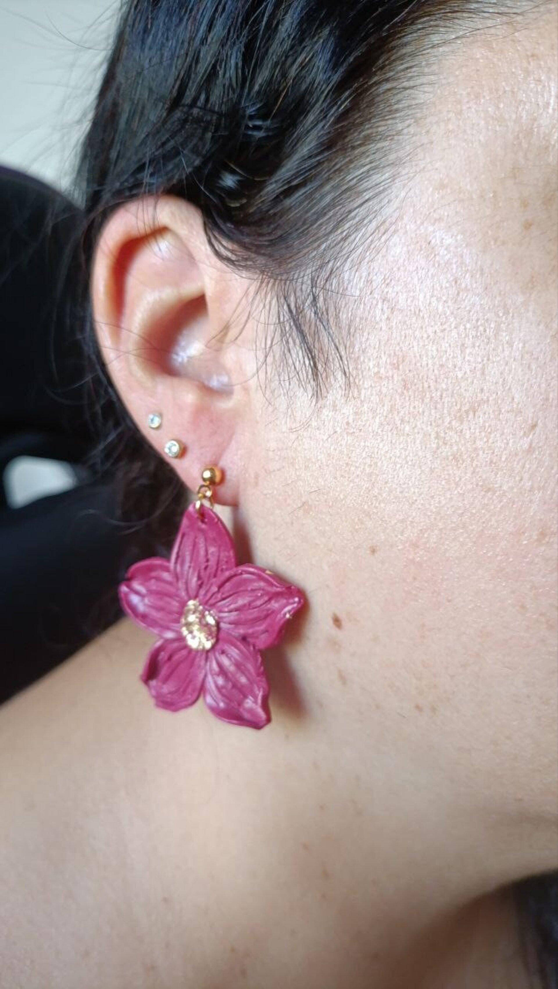 Pendientes de Arcilla Polimerica Flor Lily Vino - 3