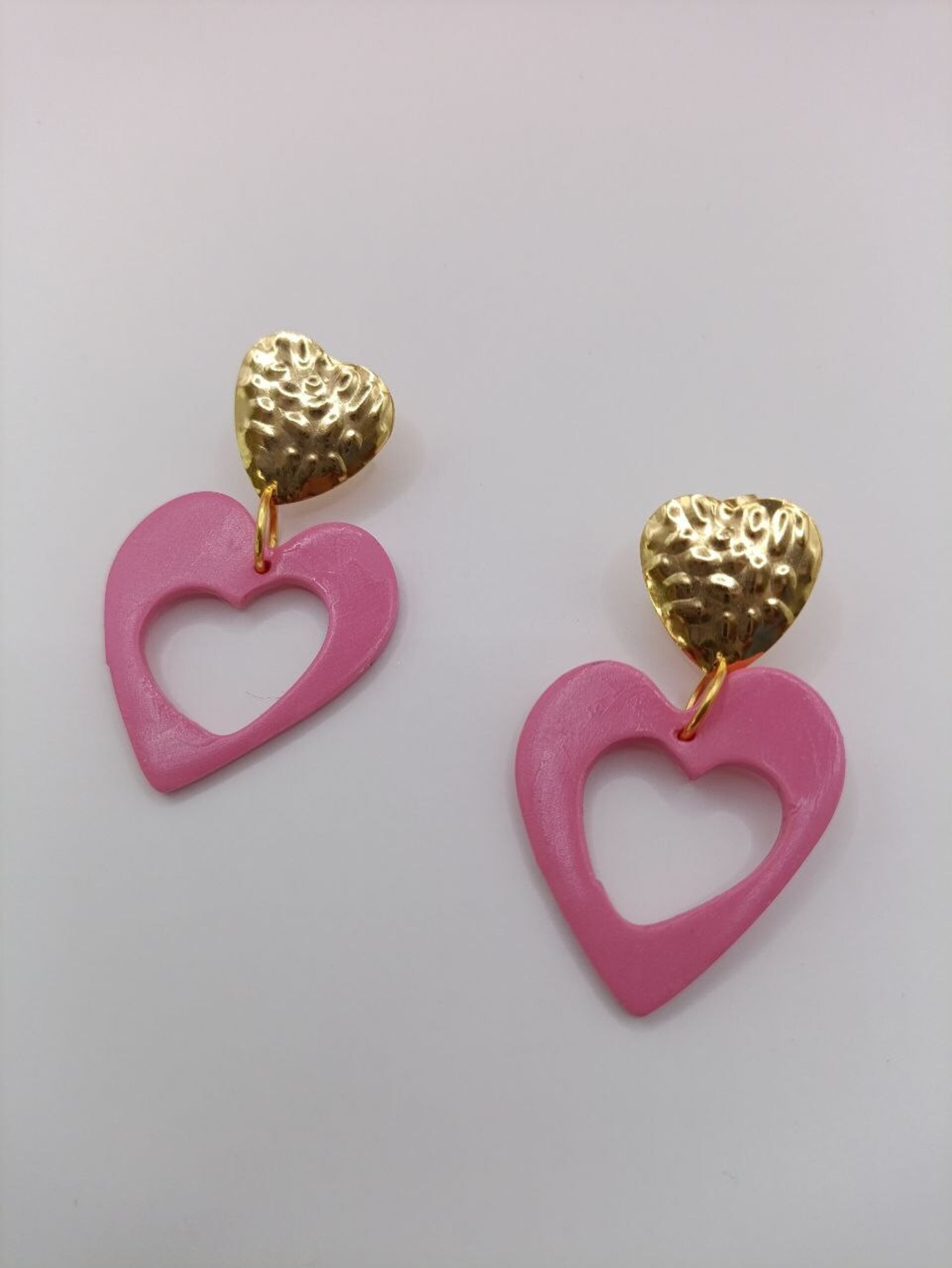 Pendientes de arcilla polimerica Doble corazon rosa - 5