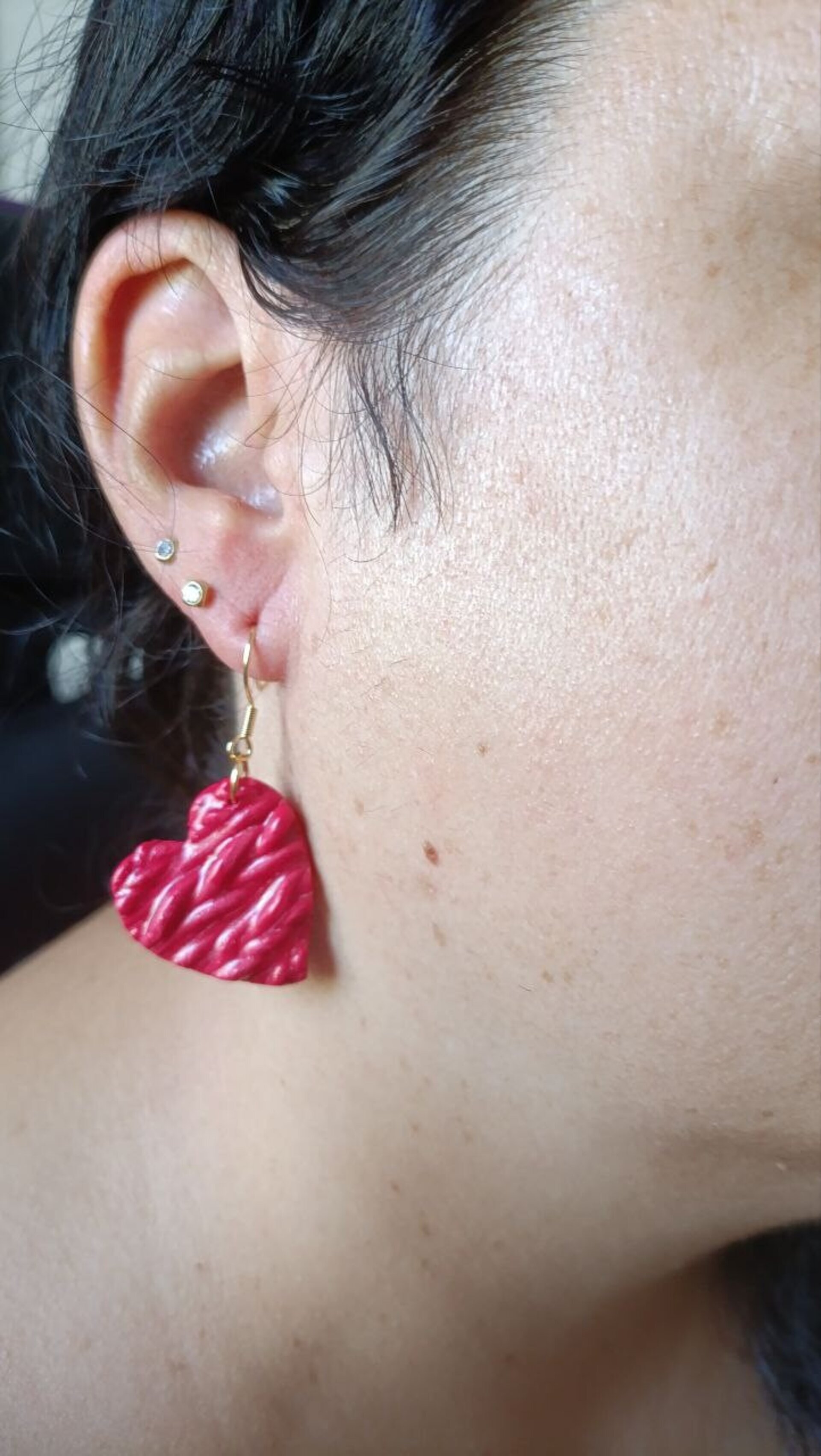 Pendientes de Arcilla Polimerica Corazon Trenzado Rojo Grande - 3