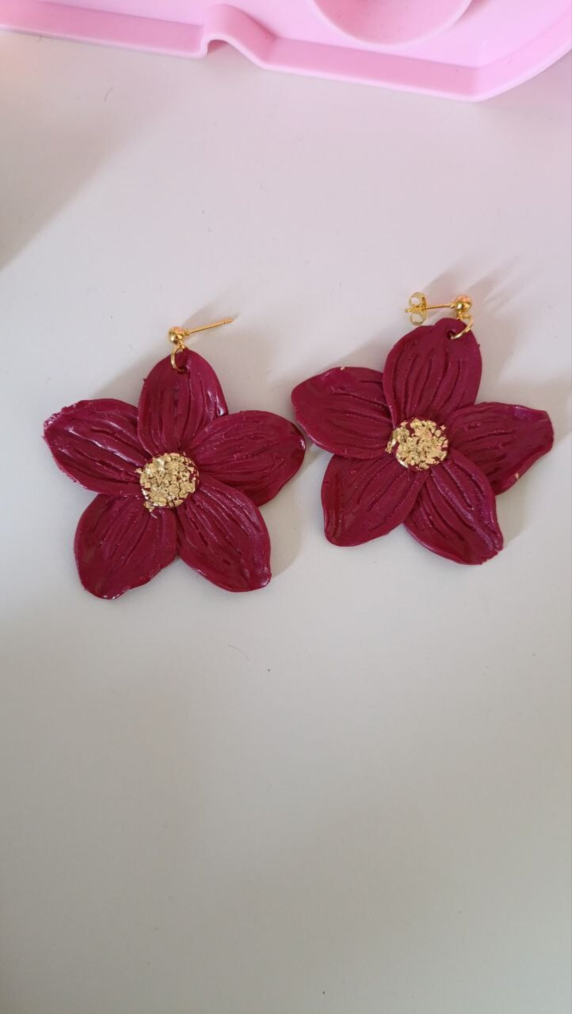Pendientes de Arcilla Polimerica Flor Lily Vino Grande - 2
