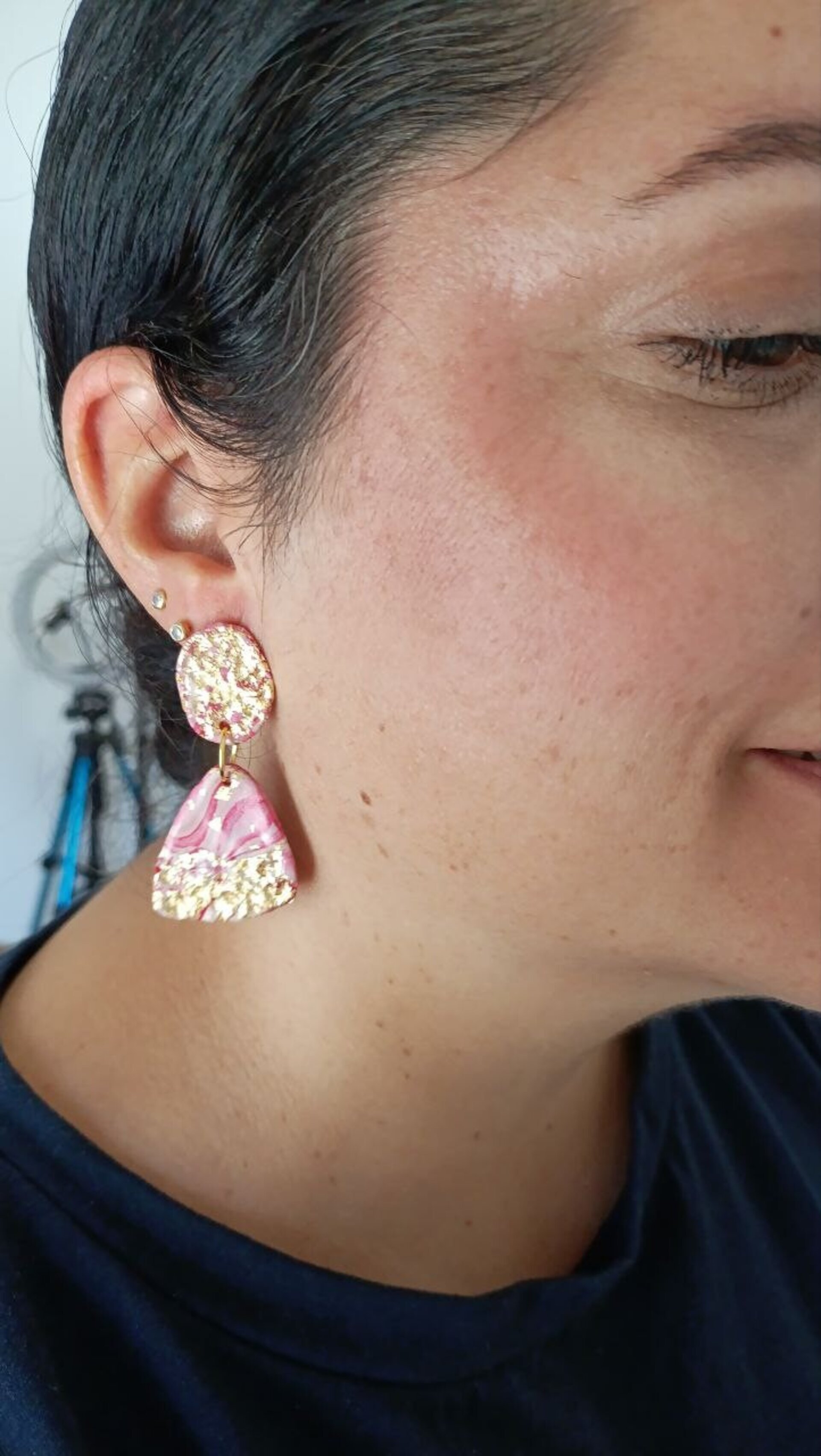 Pendientes de Arcilla Polimerica Rosa Metal - 2