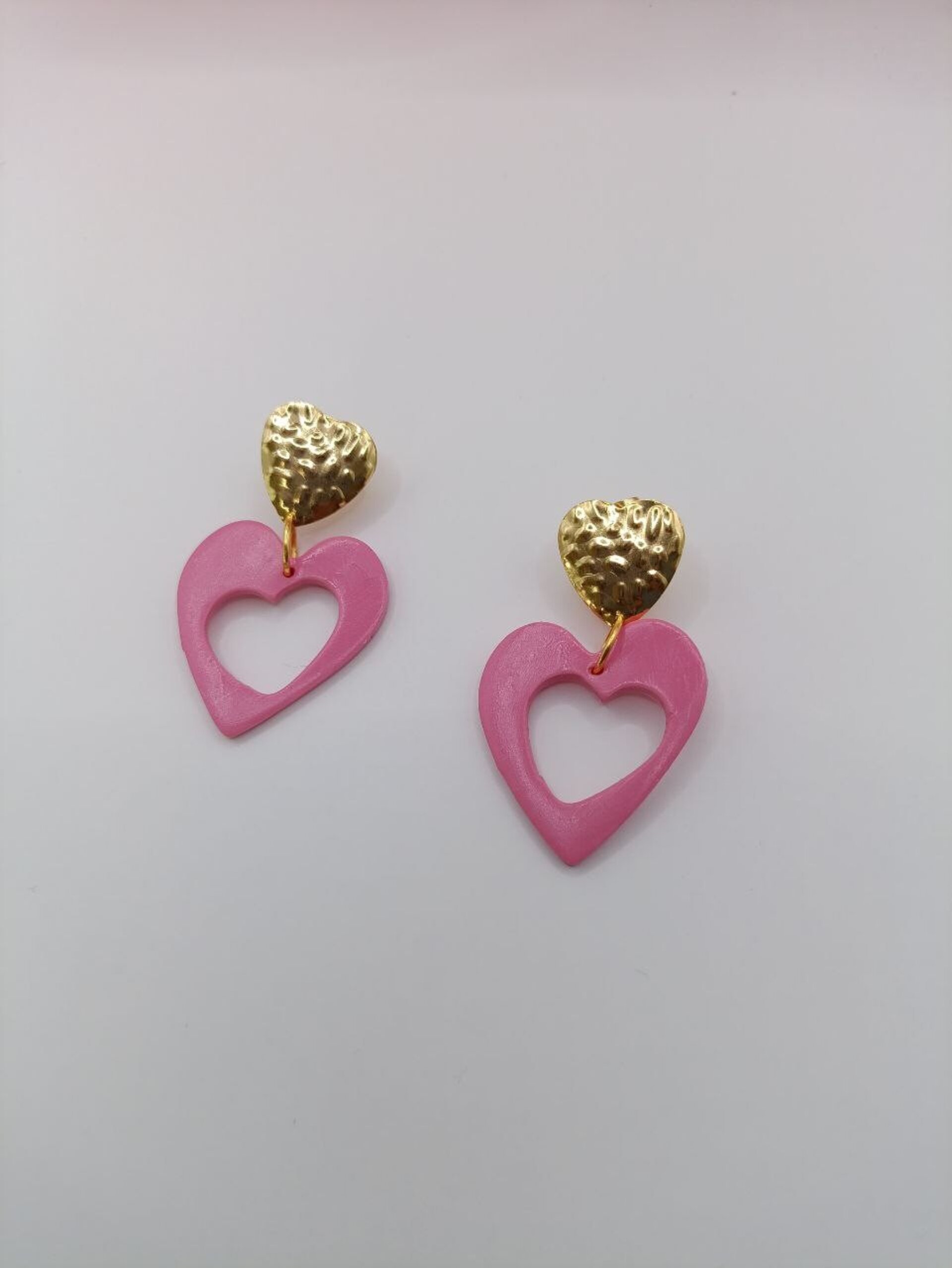 Pendientes de arcilla polimerica Doble corazon rosa - 7