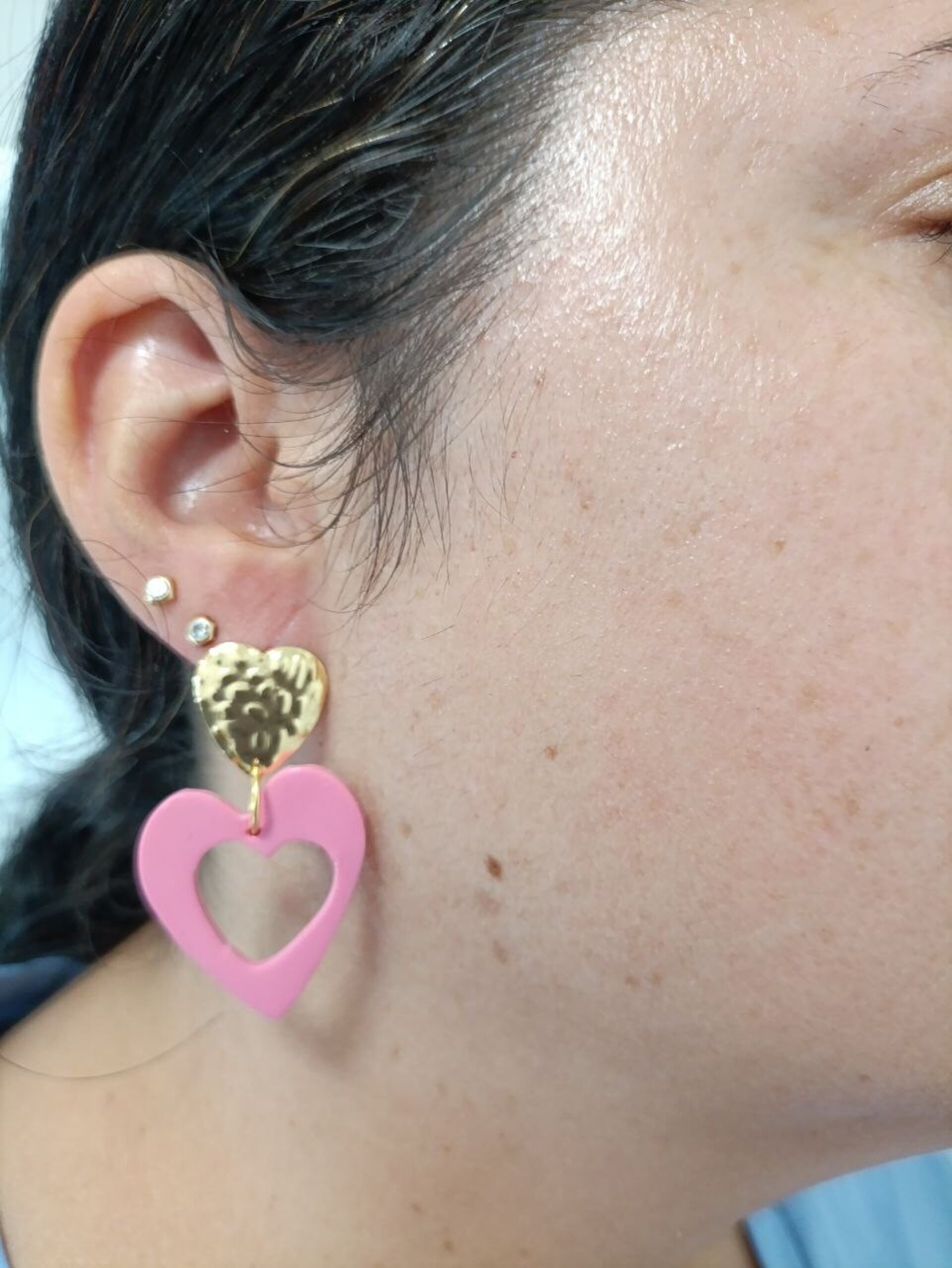 Pendientes de arcilla polimerica Doble corazon rosa - 6