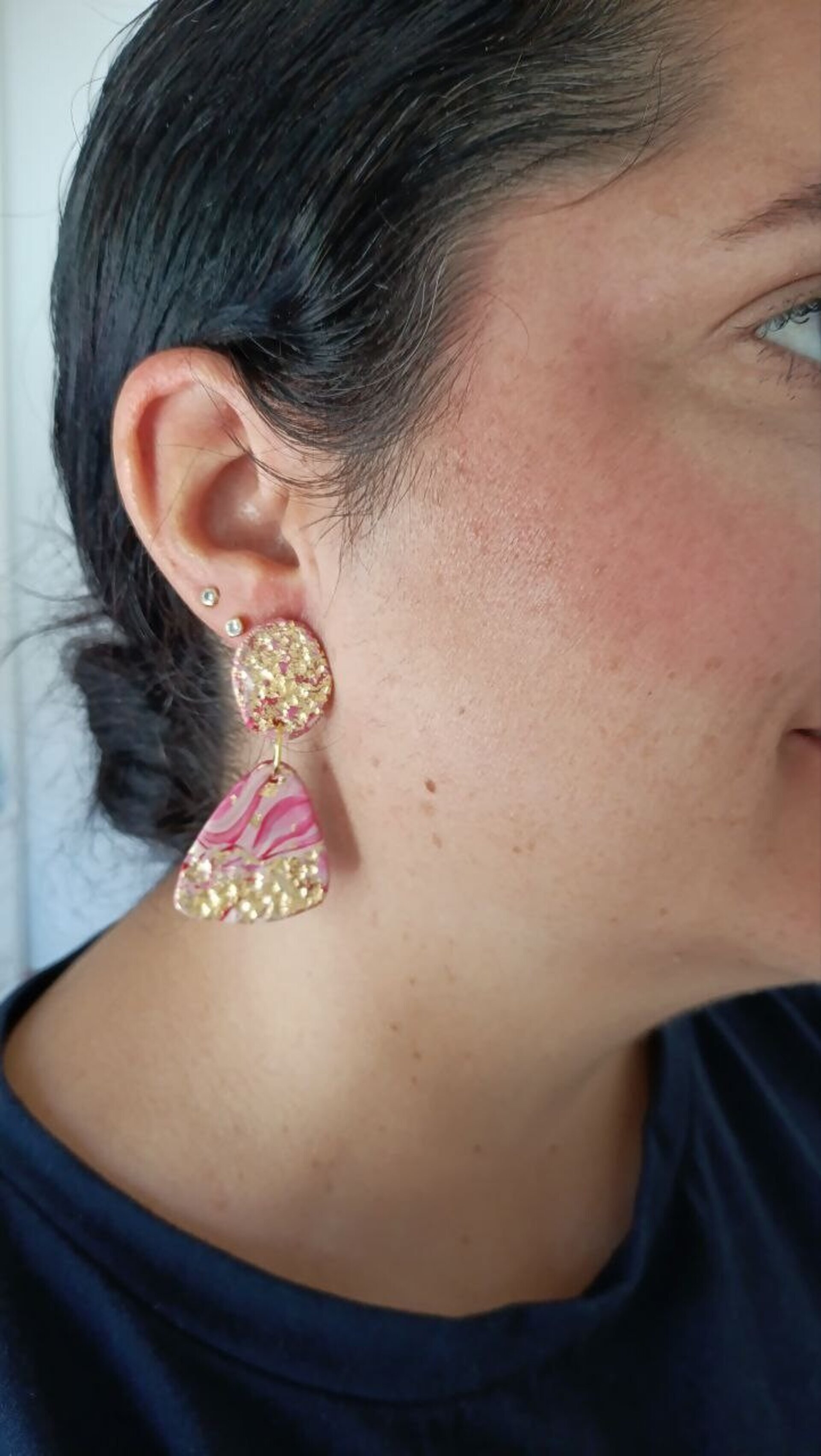 Pendientes de Arcilla Polimerica Rosa Metal - 4