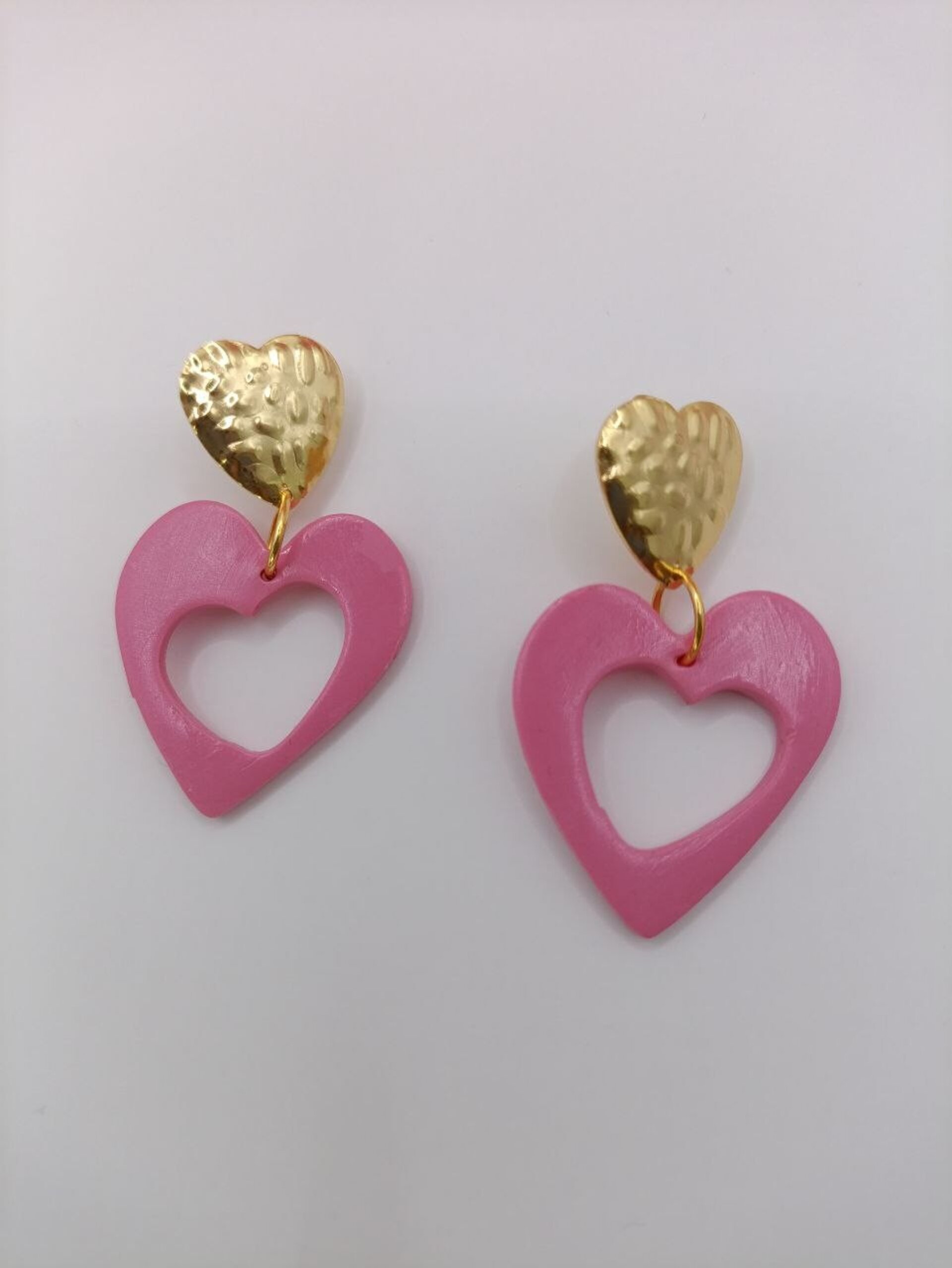 Pendientes de arcilla polimerica Doble corazon rosa - 3