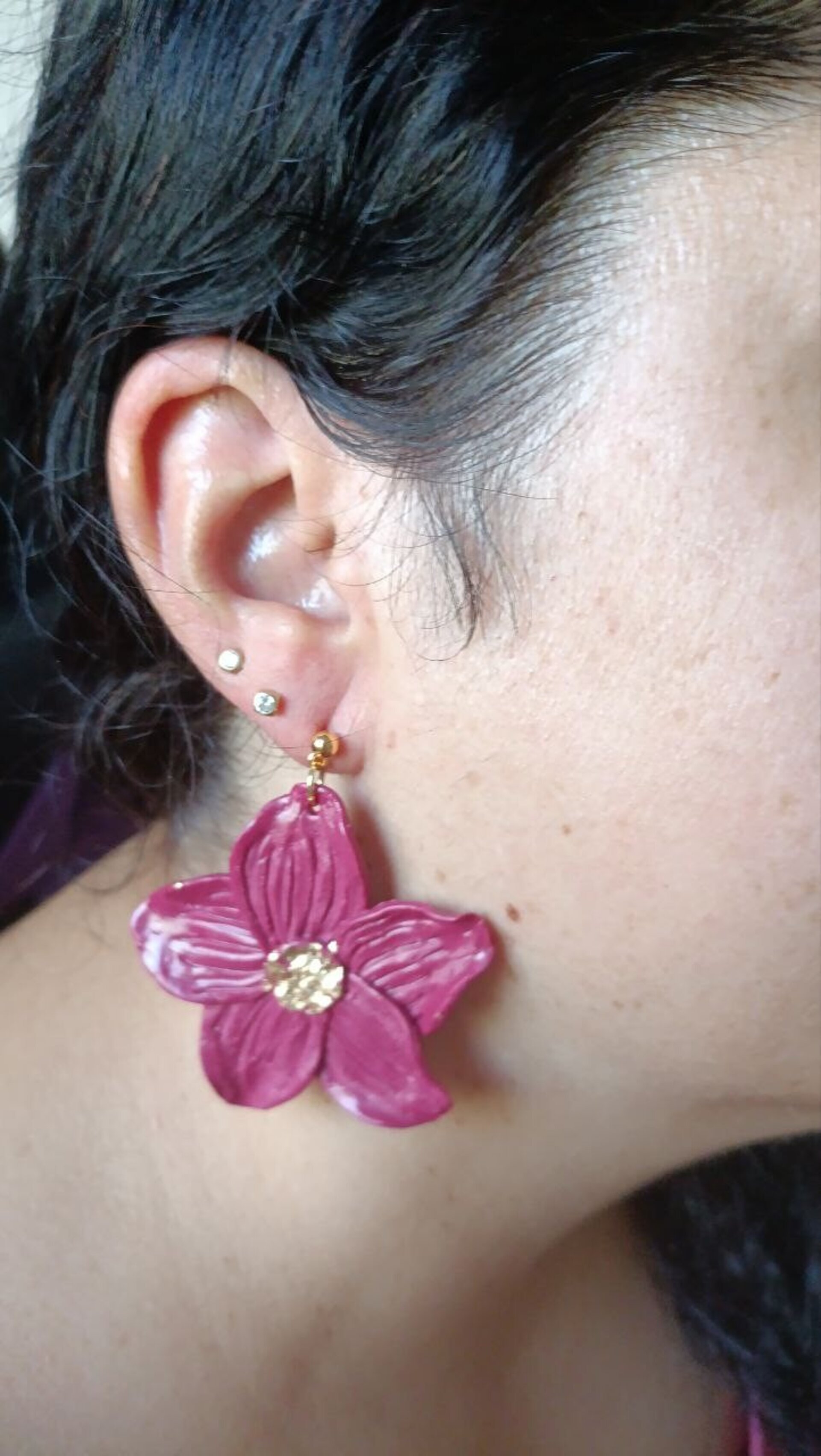 Pendientes de Arcilla Polimerica Flor Lily Vino Grande - 5