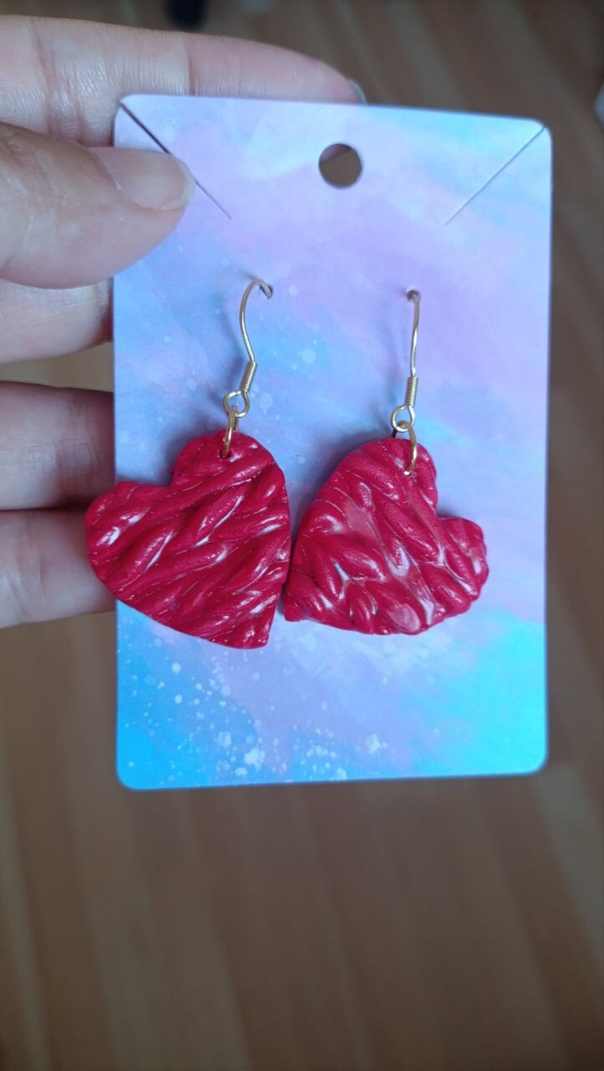 Pendientes de Arcilla Polimerica Corazon Trenzado Rojo Grande - 4