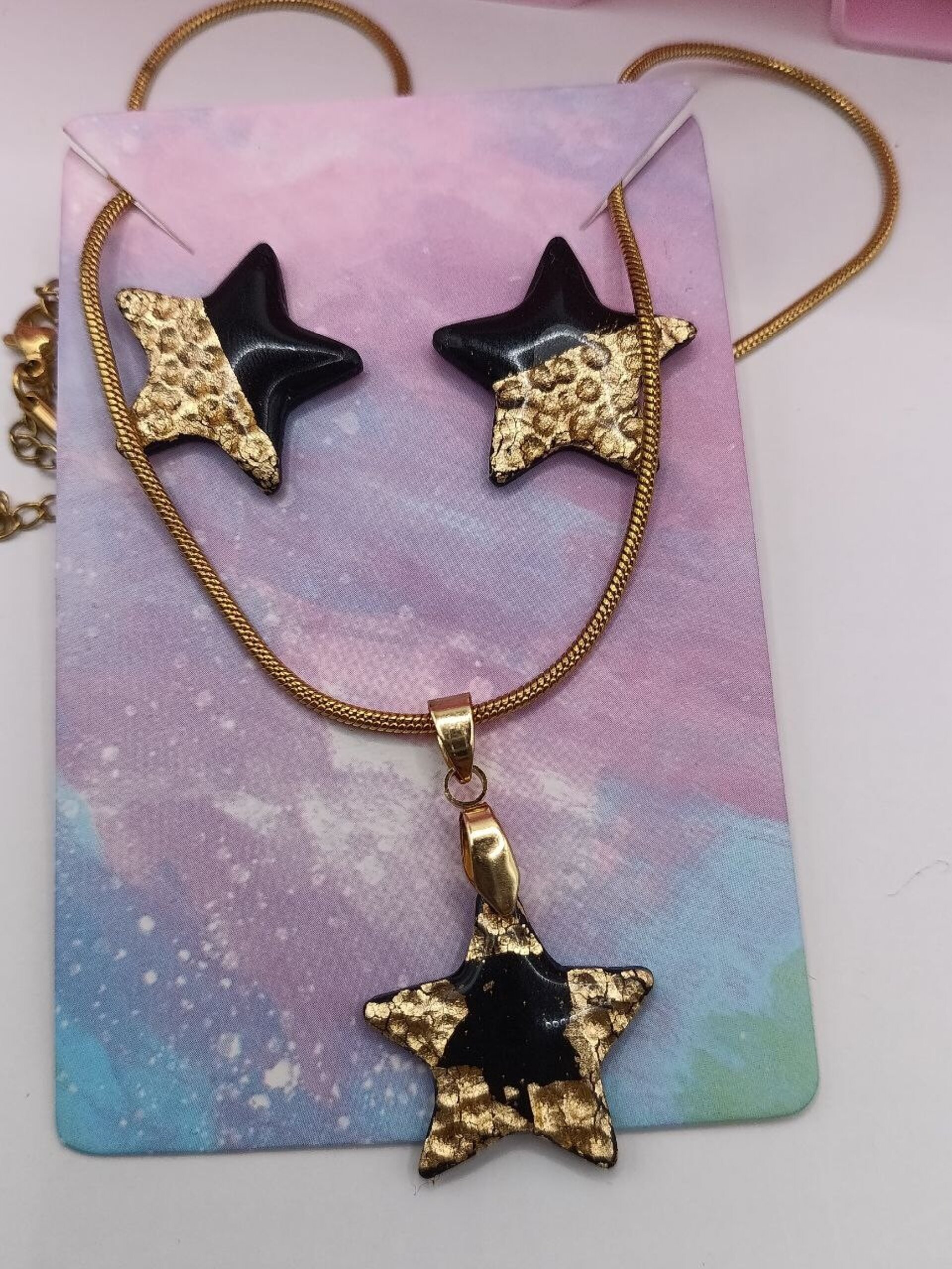 Conjunto Pendientes y colgante arcilla polimerica Estrella negra - 7