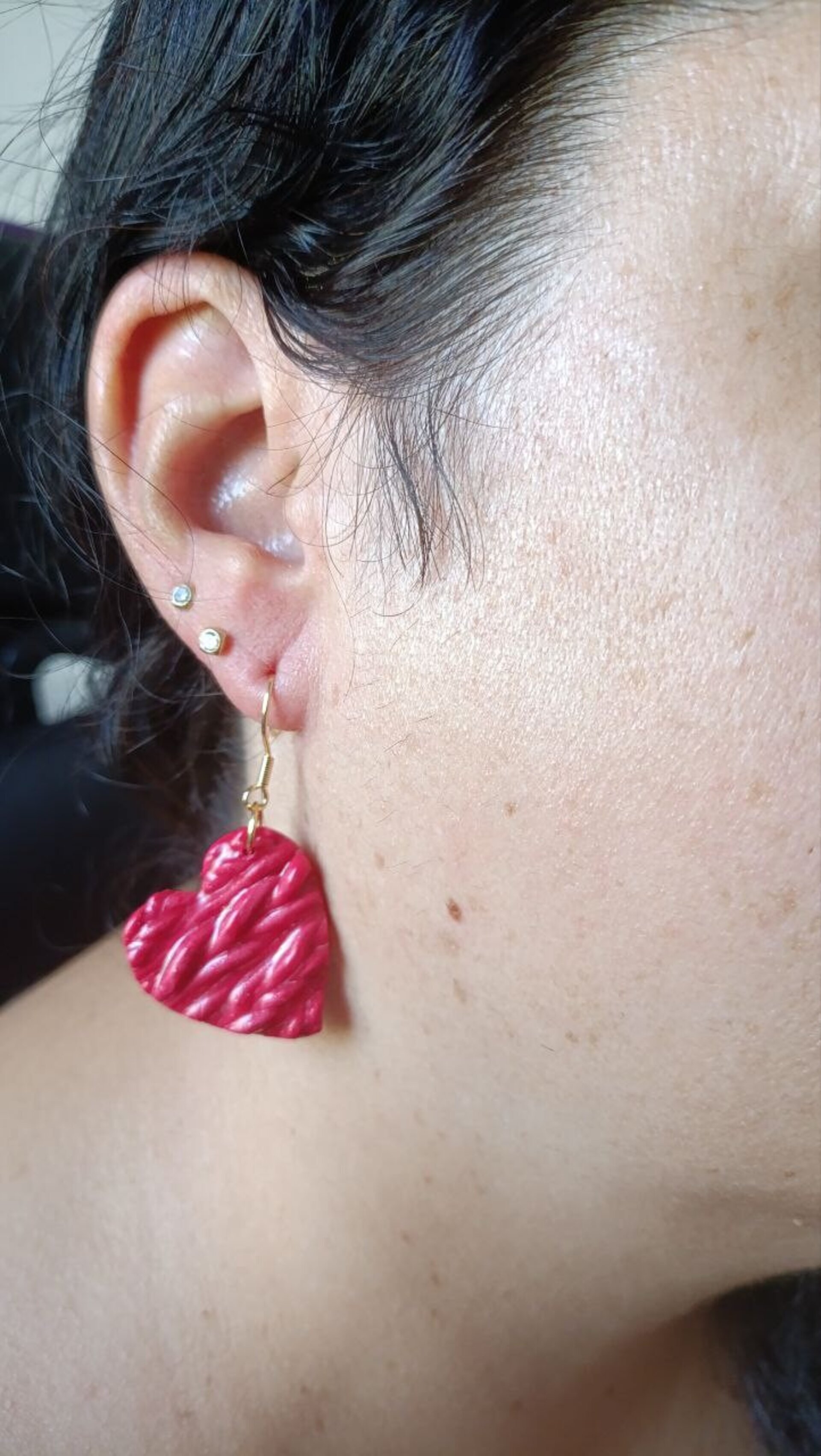 Pendientes de Arcilla Polimerica Corazon Trenzado Rojo Grande - 5