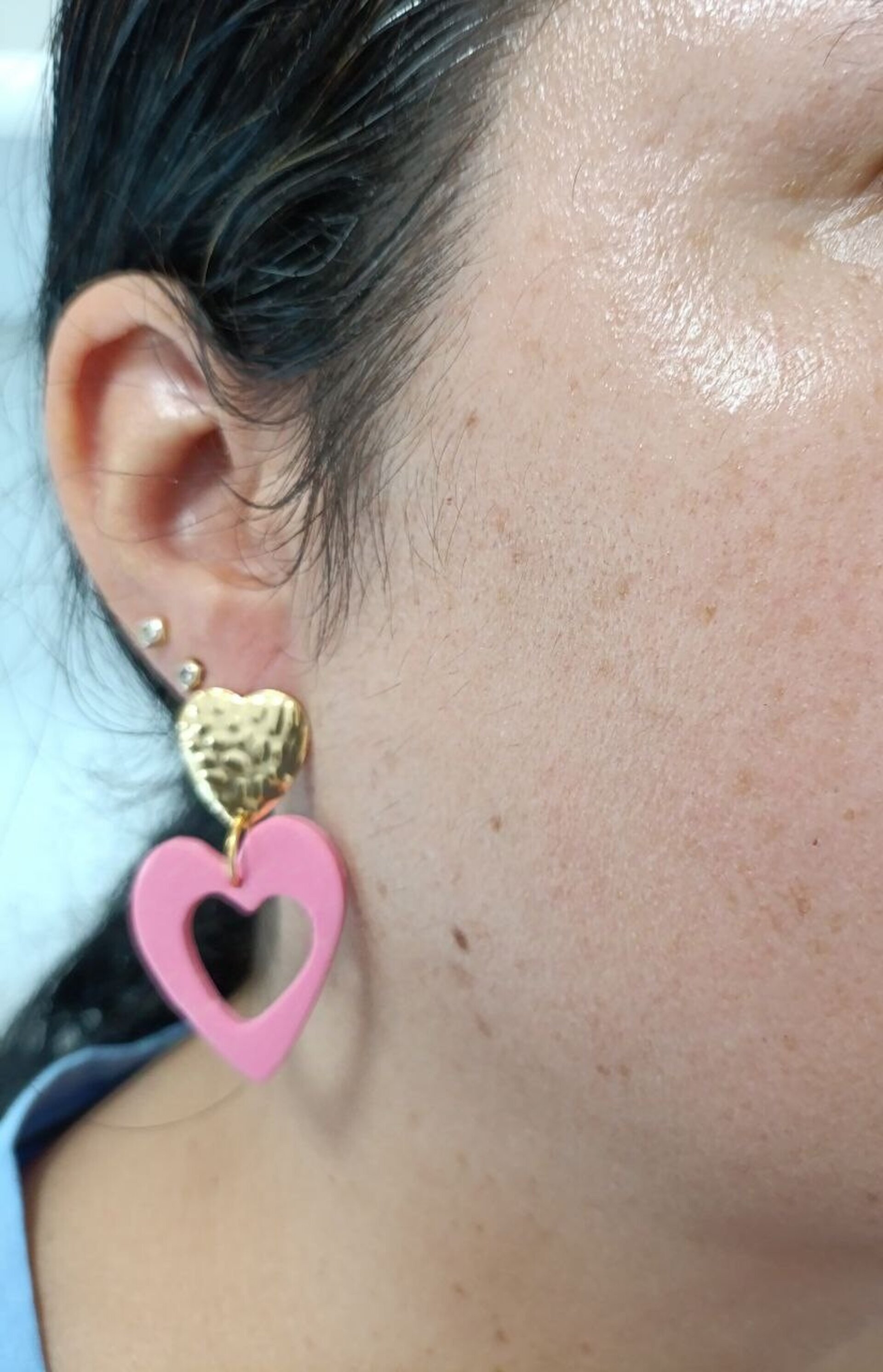 Pendientes de arcilla polimerica Doble corazon rosa - 4