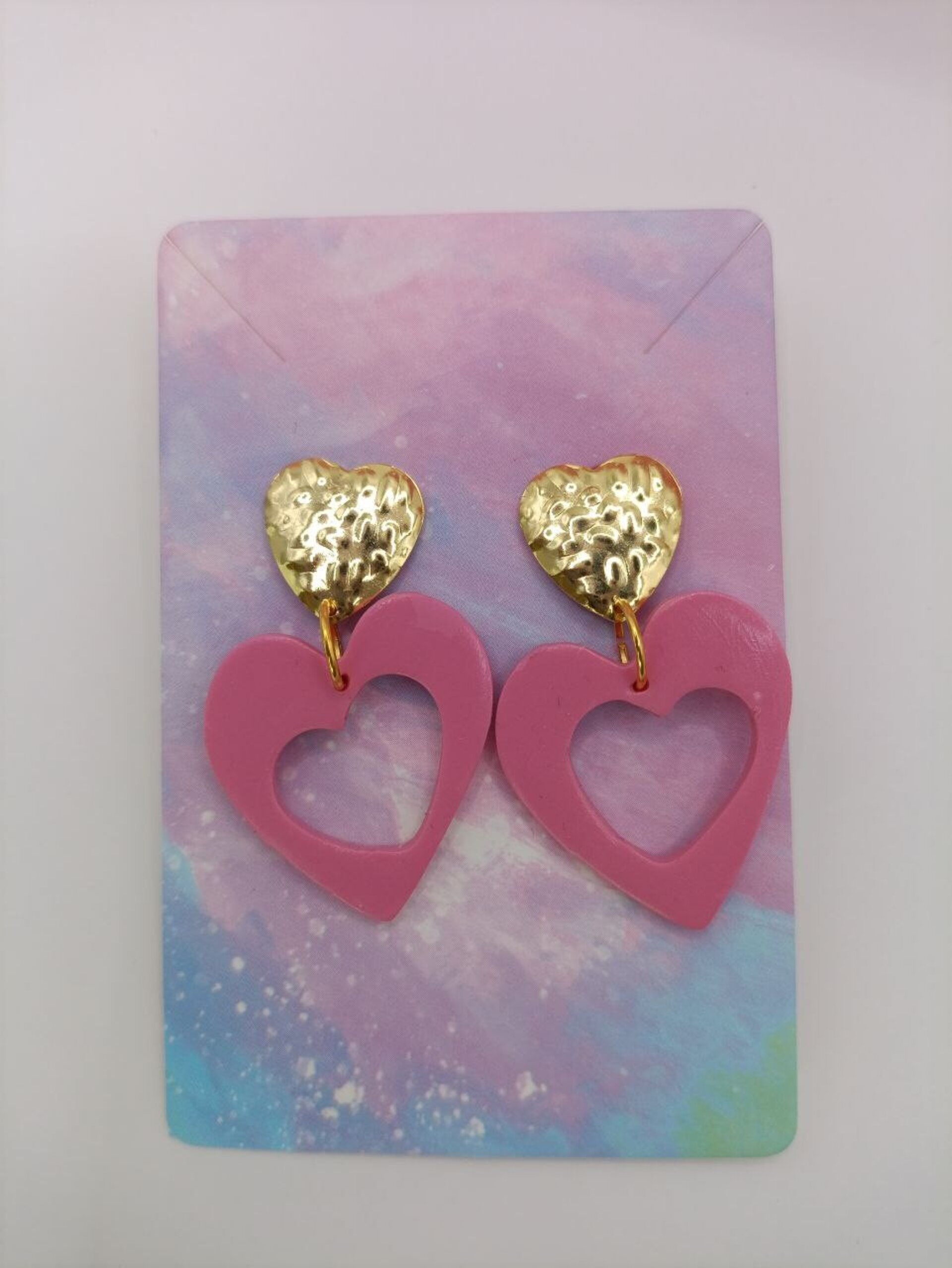 Pendientes de arcilla polimerica Doble corazon rosa - 2
