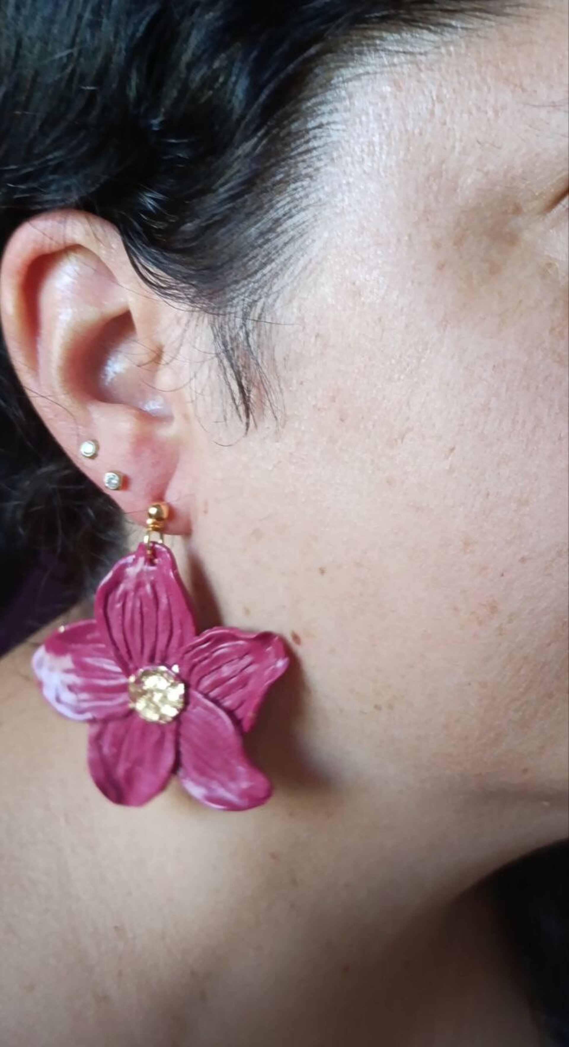 Pendientes de Arcilla Polimerica Flor Lily Vino Grande - 4