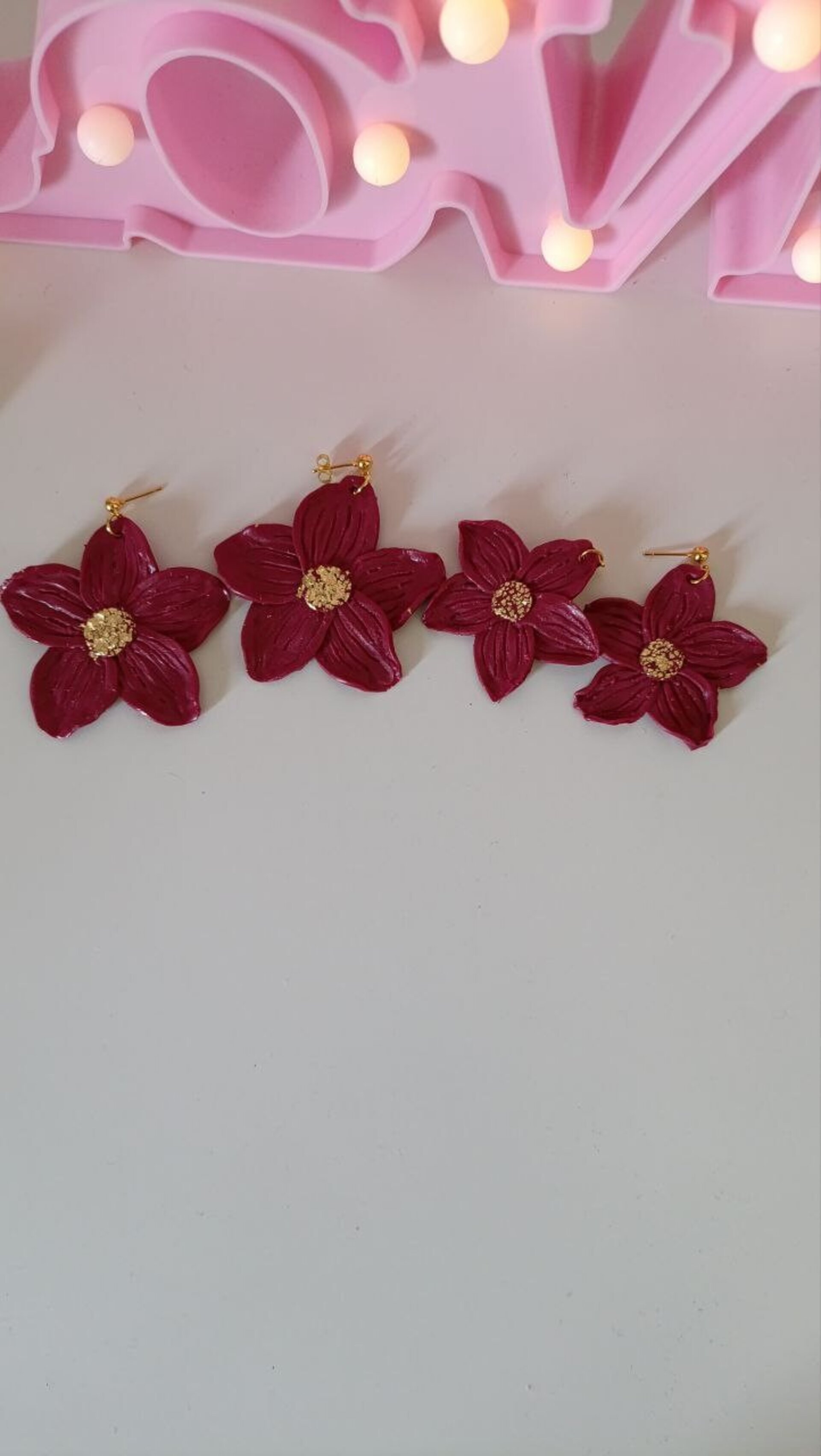 Pendientes de Arcilla Polimerica Flor Lily Vino Grande - 6