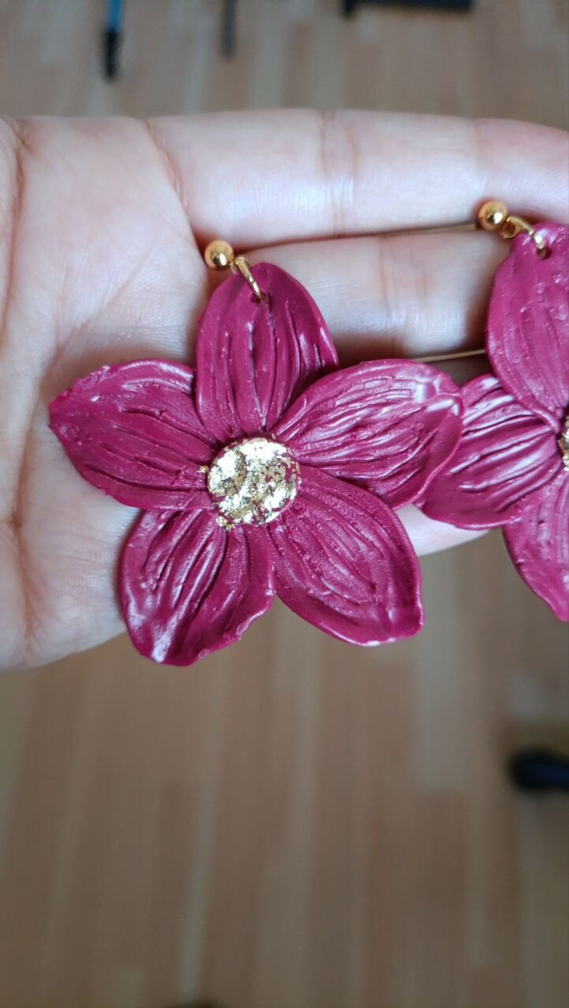 Pendientes de Arcilla Polimerica Flor Lily Vino Grande - 3