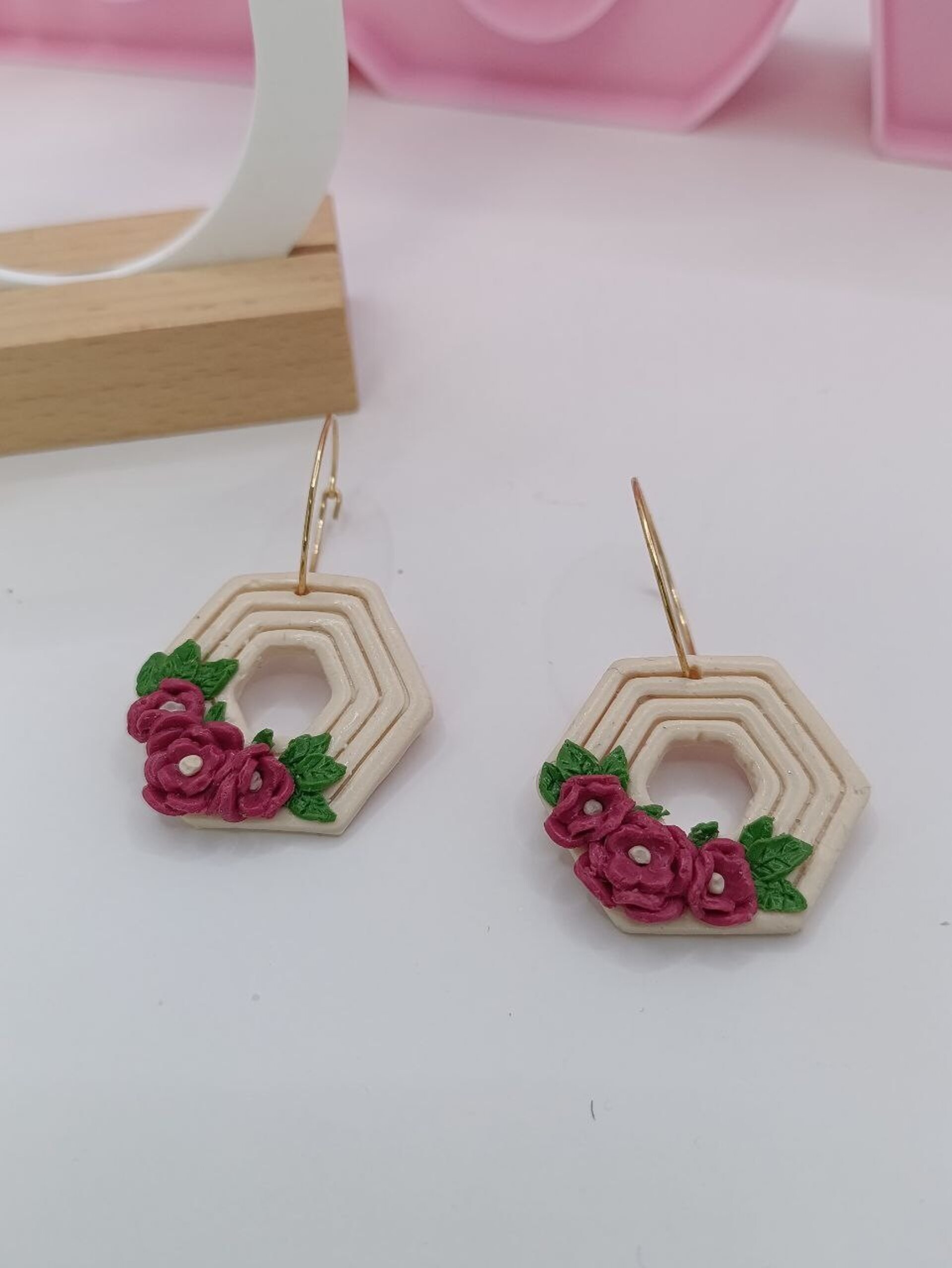 Pendientes de arcilla polimerica Aro Con flores- Jardin - 7